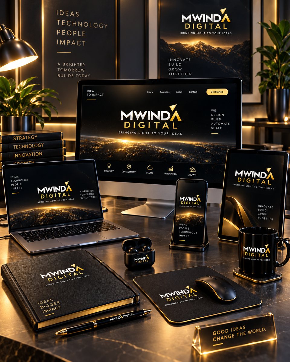 L'identité MWINDA DIGITAL déclinée sur ordinateur, tablette, téléphone et papeterie