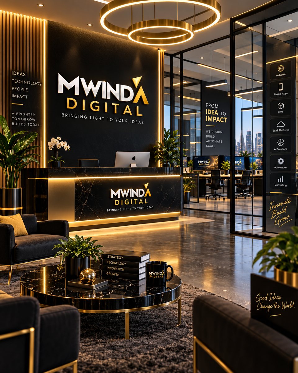 Le siège MWINDA DIGITAL : logo or sur mur noir, accueil en marbre